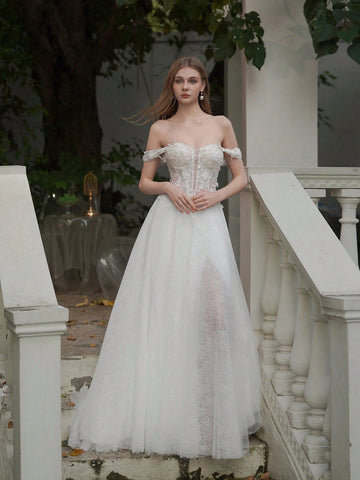 ANGELAG Elegant Embroidery Pearl Beading Drop Shoulder Sexy Split Train Wedding Dress