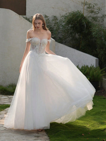 ANGELAG Elegant Embroidery Pearl Beading Drop Shoulder Sexy Split Train Wedding Dress