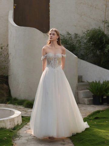 ANGELAG Elegant Embroidery Pearl Beading Drop Shoulder Sexy Split Train Wedding Dress