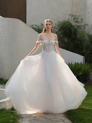 ANGELAG Elegant Embroidery Pearl Beading Drop Shoulder Sexy Split Train Wedding Dress