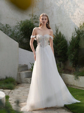 ANGELAG Elegant Embroidery Pearl Beading Drop Shoulder Sexy Split Train Wedding Dress