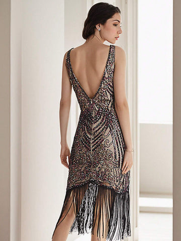 ANGEL FASHIONS 1920s Vintage Sequin & Bead Embellished Fringed Party Dress