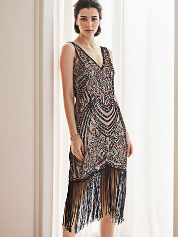 ANGEL FASHIONS 1920s Vintage Sequin & Bead Embellished Fringed Party Dress