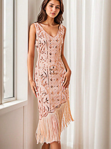 ANGEL FASHIONS 1920s Vintage Sequined Beaded Fringed Hem Flapper Party Dress