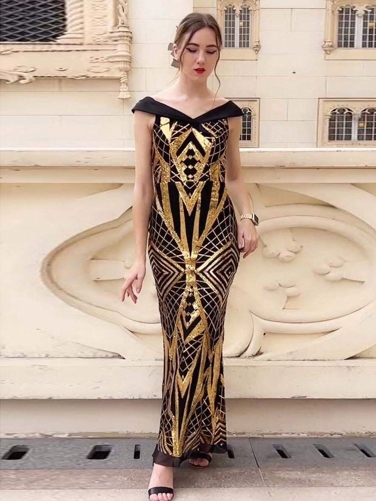 ANGEL FASHIONS Off-Shoulder V-Neck Sequined Long Evening Dress With Back Tie