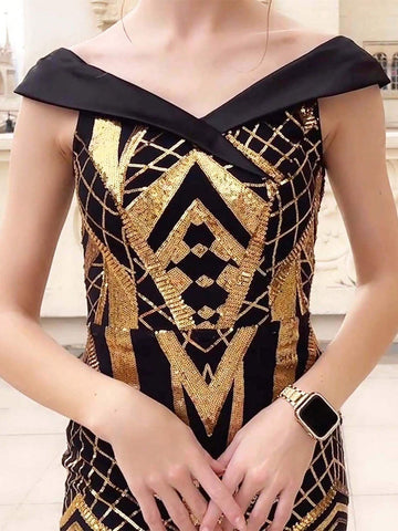 ANGEL FASHIONS Off-Shoulder V-Neck Sequined Long Evening Dress With Back Tie