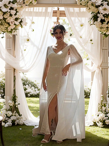 ANGEL FASHIONS Women Deep V Neck Solid Color Mesh Patchwork Long Sparkly Cape Sleeve Formal Evening Dress