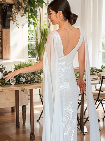 ANGEL FASHIONS Women Deep V Neck Solid Color Mesh Patchwork Long Sparkly Cape Sleeve Formal Evening Dress