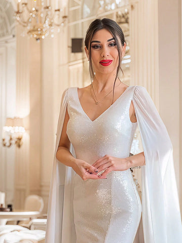 ANGEL FASHIONS Women Deep V Neck Solid Color Mesh Patchwork Long Sparkly Cape Sleeve Formal Evening Dress