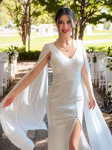 ANGEL FASHIONS Women Deep V Neck Solid Color Mesh Patchwork Long Sparkly Cape Sleeve Formal Evening Dress