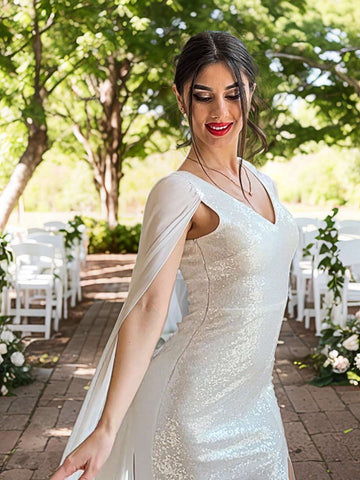 ANGEL FASHIONS Women Deep V Neck Solid Color Mesh Patchwork Long Sparkly Cape Sleeve Formal Evening Dress