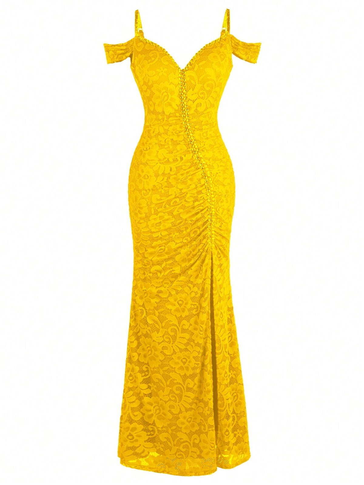 ANGEL FASHIONS Women's Long Spaghetti Strap Boat Neck Beaded Pleated Split Formal Dress