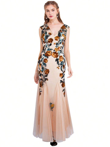 ANGEL FASHIONS Women's V-Neck Glitter Floral Contrast Mesh Floor-Length Evening Dress With Straps