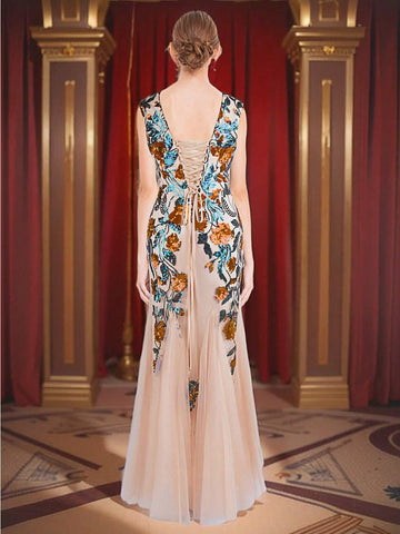 ANGEL FASHIONS Women's V-Neck Glitter Floral Contrast Mesh Floor-Length Evening Dress With Straps