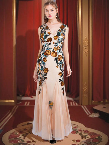 ANGEL FASHIONS Women's V-Neck Glitter Floral Contrast Mesh Floor-Length Evening Dress With Straps
