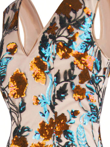 ANGEL FASHIONS Women's V-Neck Glitter Floral Contrast Mesh Floor-Length Evening Dress With Straps