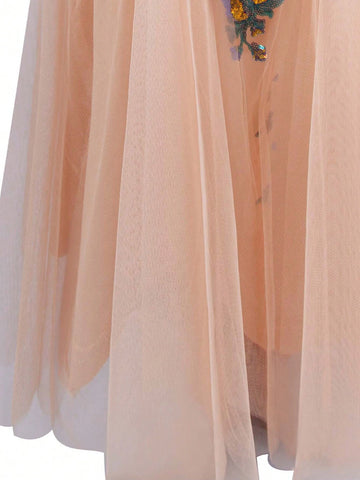 ANGEL FASHIONS Women's V-Neck Glitter Floral Contrast Mesh Floor-Length Evening Dress With Straps