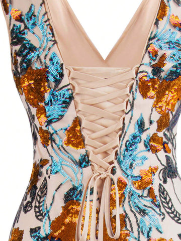 ANGEL FASHIONS Women's V-Neck Glitter Floral Contrast Mesh Floor-Length Evening Dress With Straps