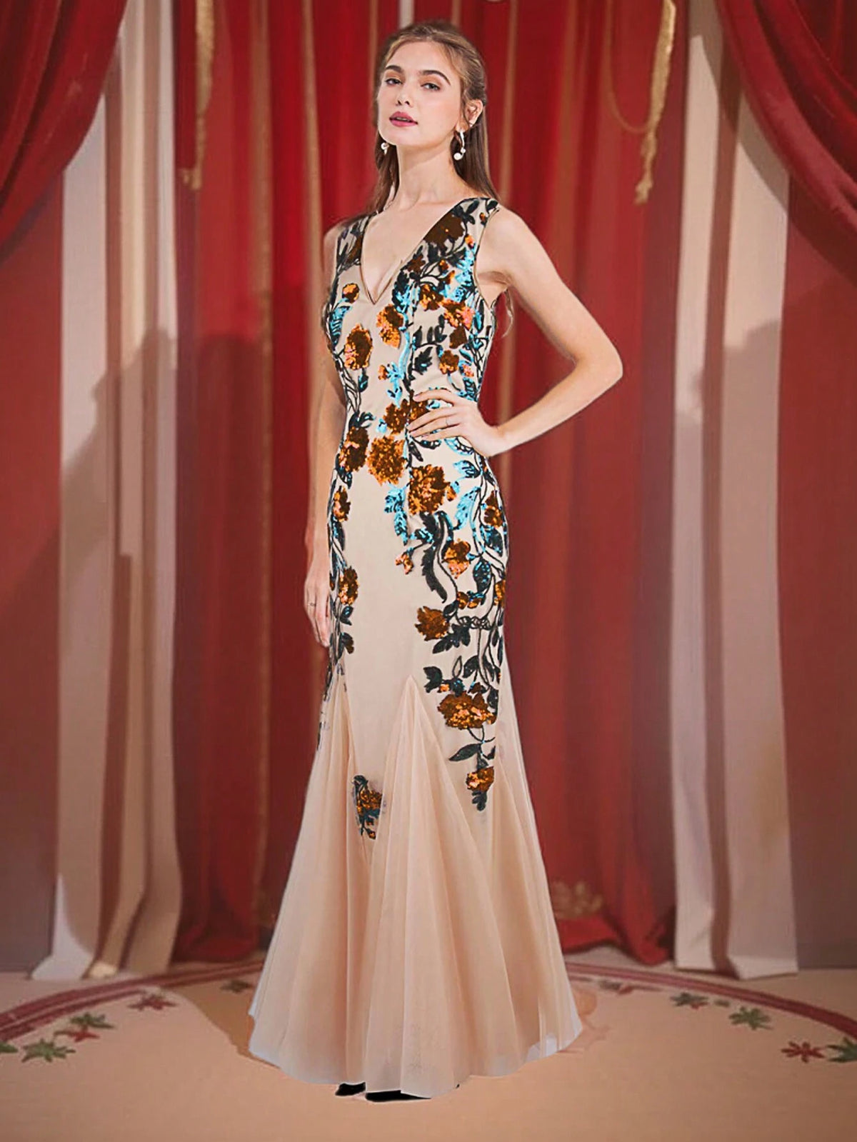 ANGEL FASHIONS Women's V-Neck Glitter Floral Contrast Mesh Floor-Length Evening Dress With Straps