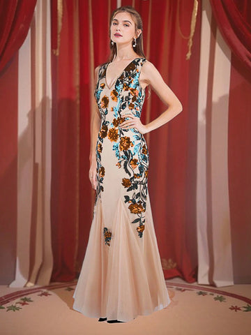 ANGEL FASHIONS Women's V-Neck Glitter Floral Contrast Mesh Floor-Length Evening Dress With Straps