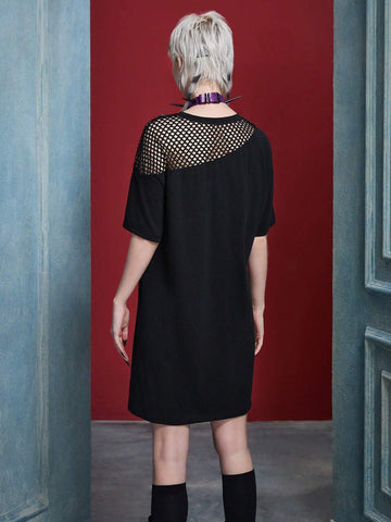 Women's Dark Punk Horror Figure & Letter Print Splice Fishnet Loose Short Dress, Summer