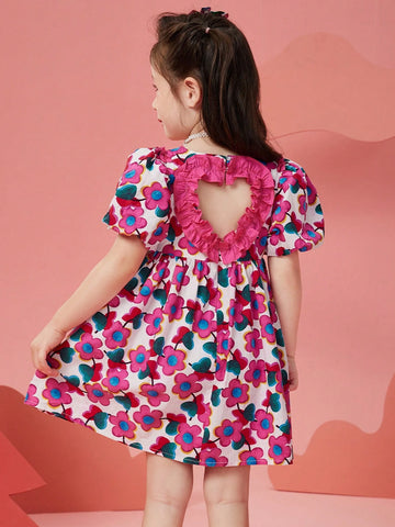 Girls Floral Print Chiffon Beach Dress With Puff Sleeve, Summer Lightweight Sundress For Young Children