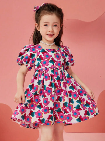 Girls Floral Print Chiffon Beach Dress With Puff Sleeve, Summer Lightweight Sundress For Young Children