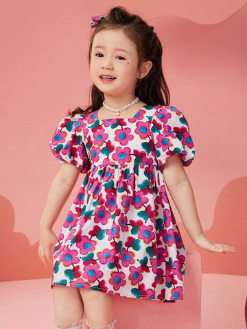 Girls Floral Print Chiffon Beach Dress With Puff Sleeve, Summer Lightweight Sundress For Young Children