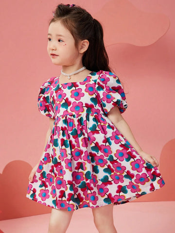 Girls Floral Print Chiffon Beach Dress With Puff Sleeve, Summer Lightweight Sundress For Young Children