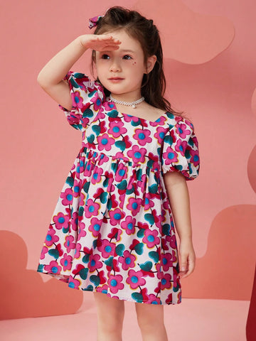 Girls Floral Print Chiffon Beach Dress With Puff Sleeve, Summer Lightweight Sundress For Young Children