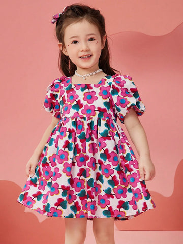 Girls Floral Print Chiffon Beach Dress With Puff Sleeve, Summer Lightweight Sundress For Young Children