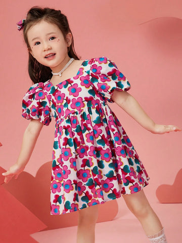 Girls Floral Print Chiffon Beach Dress With Puff Sleeve, Summer Lightweight Sundress For Young Children