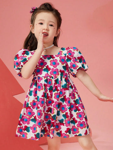 Girls Floral Print Chiffon Beach Dress With Puff Sleeve, Summer Lightweight Sundress For Young Children