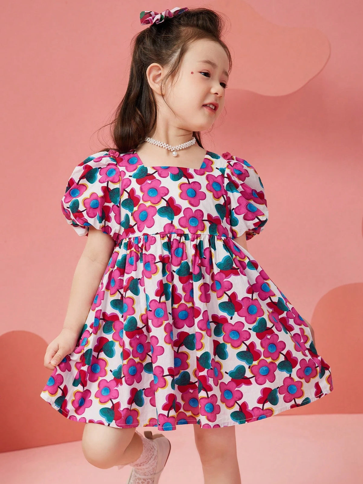 Girls Floral Print Chiffon Beach Dress With Puff Sleeve, Summer Lightweight Sundress For Young Children