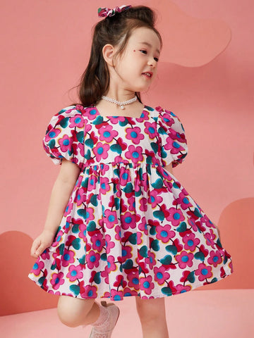 Girls Floral Print Chiffon Beach Dress With Puff Sleeve, Summer Lightweight Sundress For Young Children