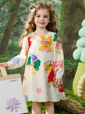 Young Girls Spring Digital Print Mid Length A-Line Dress With Puff Sleeves