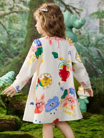 Young Girls Spring Digital Print Mid Length A-Line Dress With Puff Sleeves