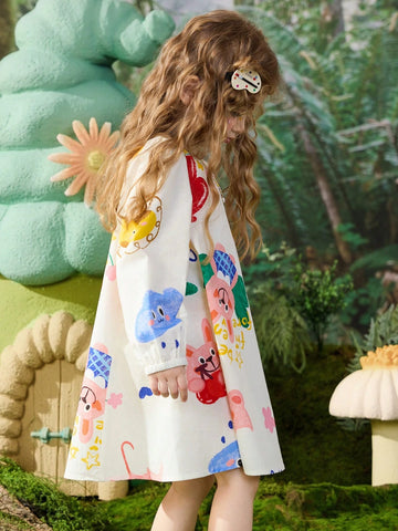 Young Girls Spring Digital Print Mid Length A-Line Dress With Puff Sleeves