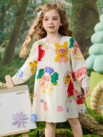 Young Girls Spring Digital Print Mid Length A-Line Dress With Puff Sleeves