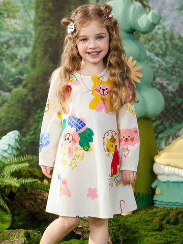 Young Girls Spring Digital Print Mid Length A-Line Dress With Puff Sleeves