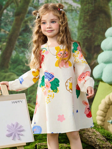 Young Girls Spring Digital Print Mid Length A-Line Dress With Puff Sleeves