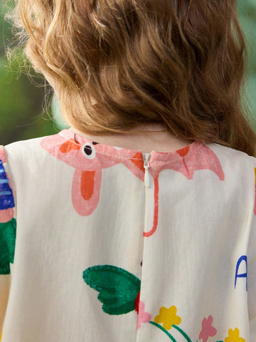 Young Girls Spring Digital Print Mid Length A-Line Dress With Puff Sleeves