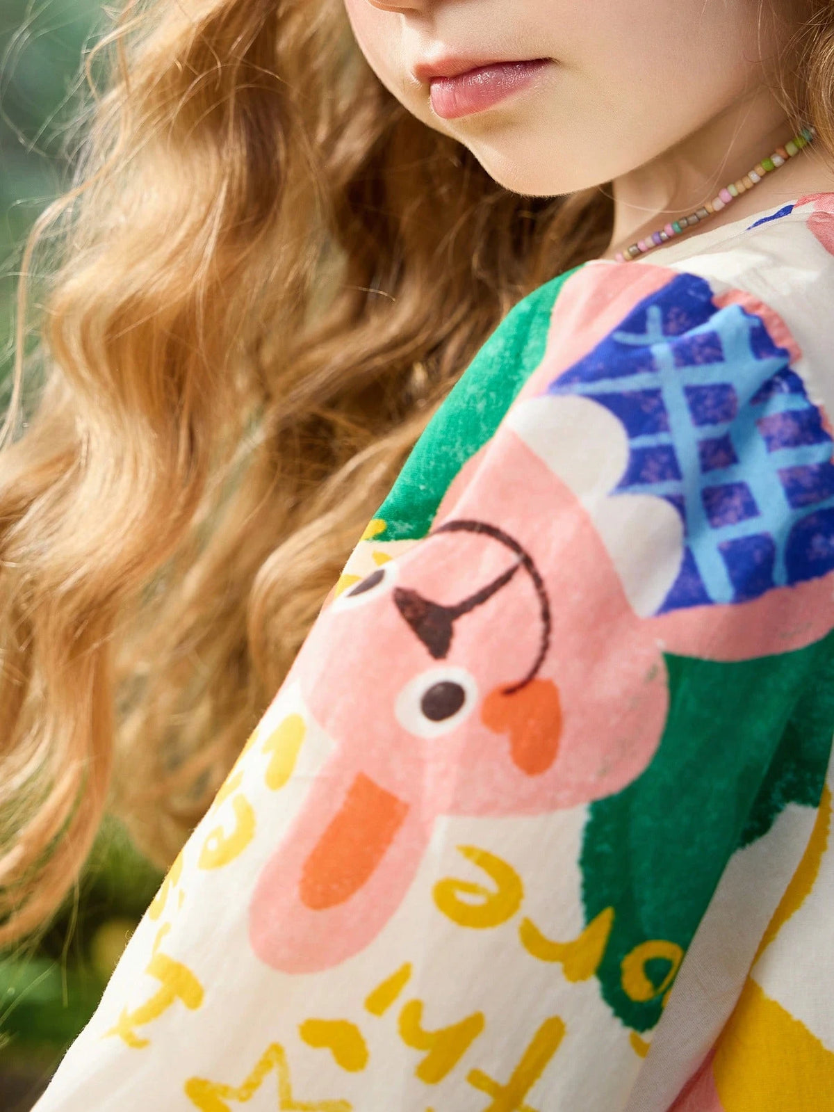 Young Girls Spring Digital Print Mid Length A-Line Dress With Puff Sleeves