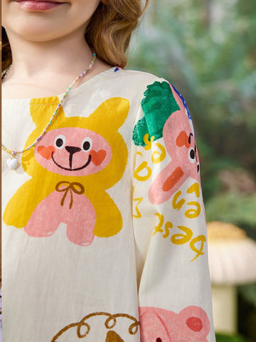 Young Girls Spring Digital Print Mid Length A-Line Dress With Puff Sleeves