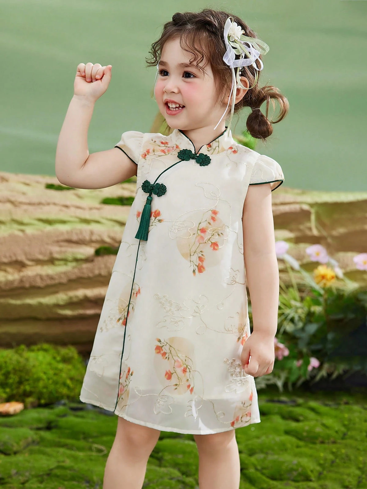 Young Girls' Thin Summer Dress, Children Fully Allover Print Embroidered Half-Sleeve Chinese Style Qipao Dress
