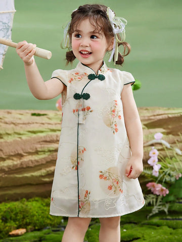 Young Girls' Thin Summer Dress, Children Fully Allover Print Embroidered Half-Sleeve Chinese Style Qipao Dress