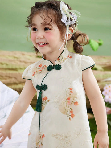 Young Girls' Thin Summer Dress, Children Fully Allover Print Embroidered Half-Sleeve Chinese Style Qipao Dress