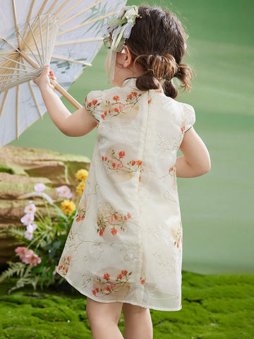 Young Girls' Thin Summer Dress, Children Fully Allover Print Embroidered Half-Sleeve Chinese Style Qipao Dress