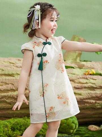 Young Girls' Thin Summer Dress, Children Fully Allover Print Embroidered Half-Sleeve Chinese Style Qipao Dress