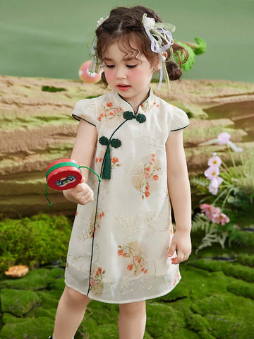Young Girls' Thin Summer Dress, Children Fully Allover Print Embroidered Half-Sleeve Chinese Style Qipao Dress